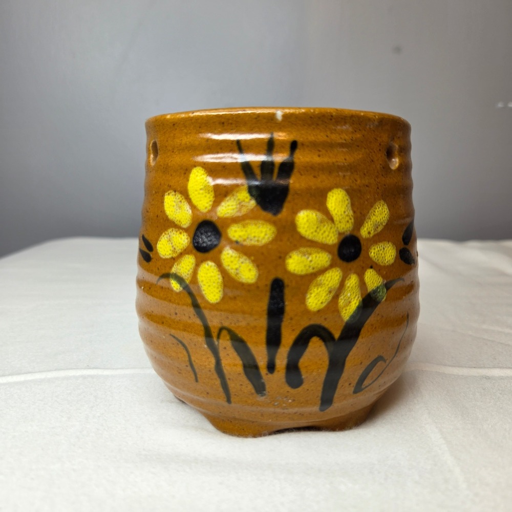 Handmade Studio Pottery Sunflower Ribbed Votive Holder Planter Mustard Yellow